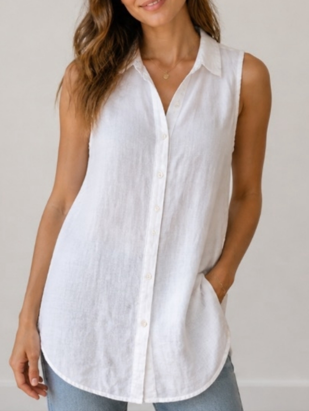 Tahari Sleeveless White Button-Down Shirt Cover up Top Tunic Small Beachwear